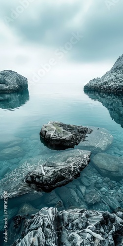 b'Rocky formations emerge from crystal clear water in shades of blue and green'