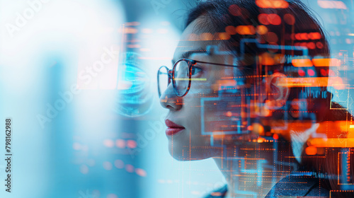 Futuristic Portrait of a Woman Merging with Digital Code Overlay © mikhailberkut