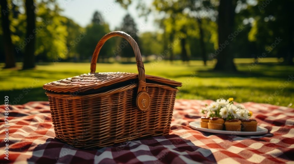 b'Picnic in the park with a basket full of cupcakes' b'Picnic in the park with a basket full of cupcakes'