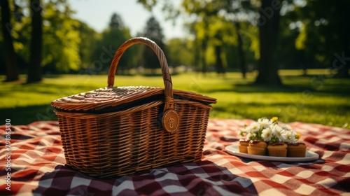 b'Picnic in the park with a basket full of cupcakes'