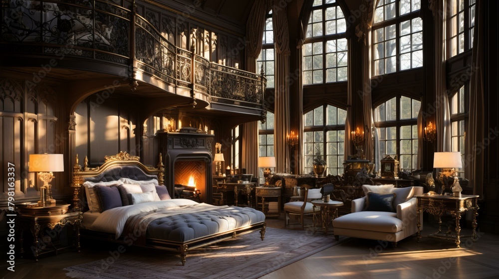 b'Ornate bedroom with fireplace and balcony'