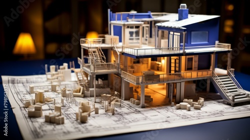 b'A 3D model of a modern house with a blueprint'