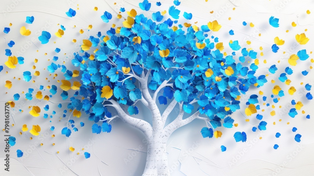 Fototapeta premium Abstract tree design with white trunk and blue and yellow leaves creates a striking silhouette against a colorful background.