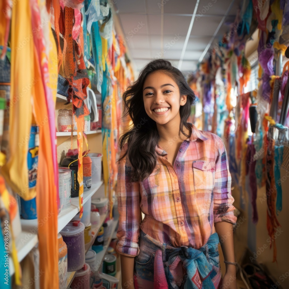 b'Portrait of a smiling young woman standing in a colorful room' b'Portrait of a smiling young woman standing in a colorful room'