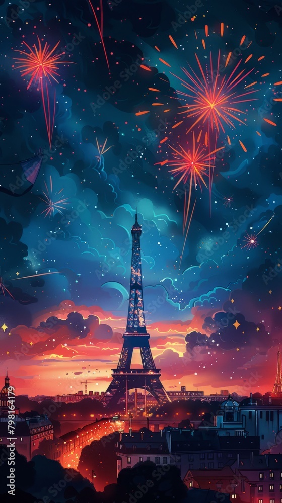 b'Paris France Eiffel Tower fireworks night sky cityscape illustration'