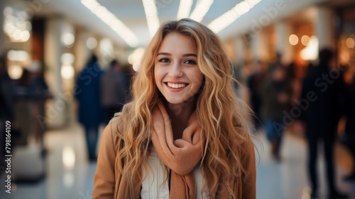 b'Portrait of a smiling young woman with long blond hair wearing a brown jacket and scarf'
