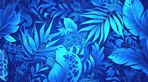An enchanting blend of neon blue patterns resembling crocodile and snake textures intertwining with safari and tribal motifs creating a mesmerizing jungle inspired design The uniqu photo