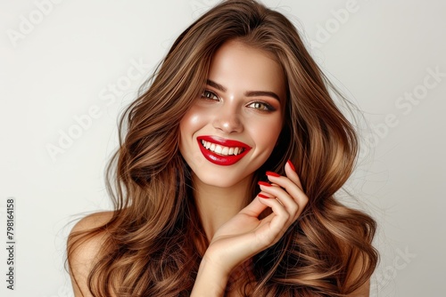 b'Beautiful young woman with long brown hair and red lipstick smiling'