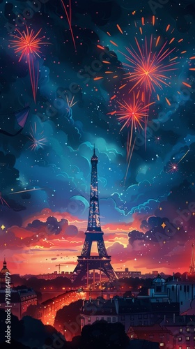 b'Paris France Eiffel Tower fireworks night sky cityscape illustration'