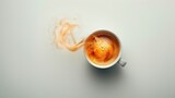 Capture the allure of a minimalist Irish coffee shot using a tilt-shift lens Show the steam swirling elegantly from the cup in a high-angle view against a pristine white background