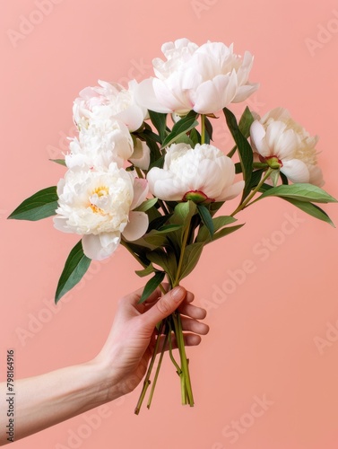A person's hand holding a bouquet of white peonies with green leaves against a pink background. © Neuraldesign