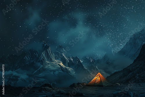 A lonely tent in the middle of a snowy mountain range. The sky is full of stars and the Milky Way is visible.