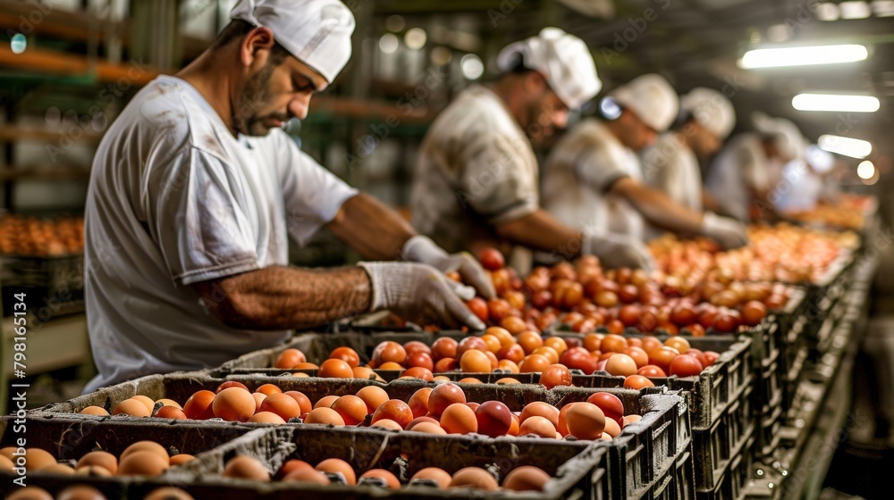 A group of workers are sorting through a pile of tomatoes A group of workers are sorting through a pile of tomatoes