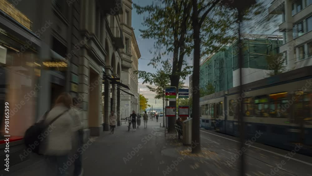 evening time zurich city center tram traffic street pov walking panorama 4k timelapse switzerland  