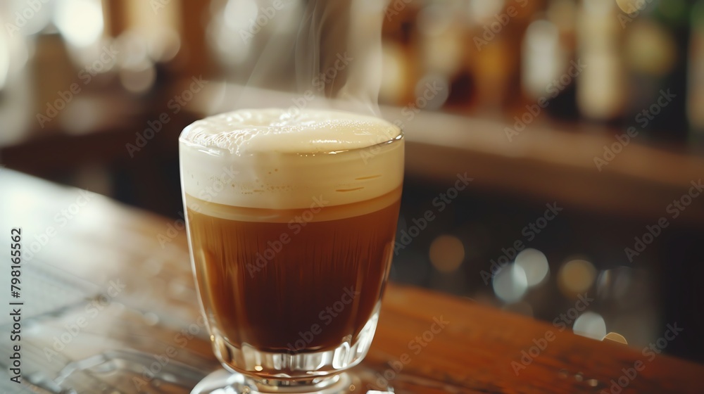 A photo of a delicious cup of coffee with a frothy top sitting on a bar.