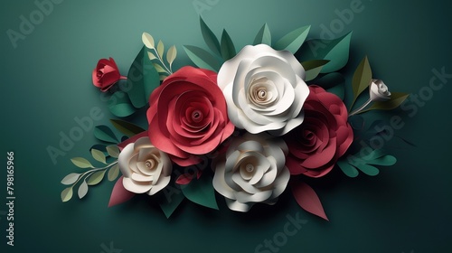 Bouquet of red and white paper roses on a dark green background