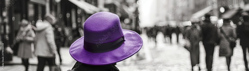Black and white photo of a person wearing a purple hat in a crowd of people.