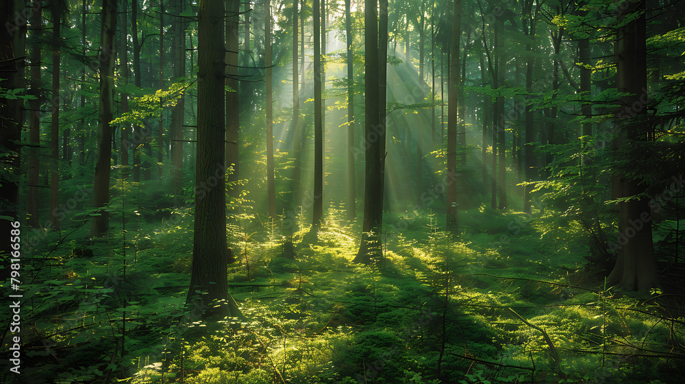Fototapeta premium Spring forest scene with sunlight filtering through lush green leaves, evoking freshness and tranquility in nature's awakening. Ideal for representing the vibrant beauty of springtime landscapes