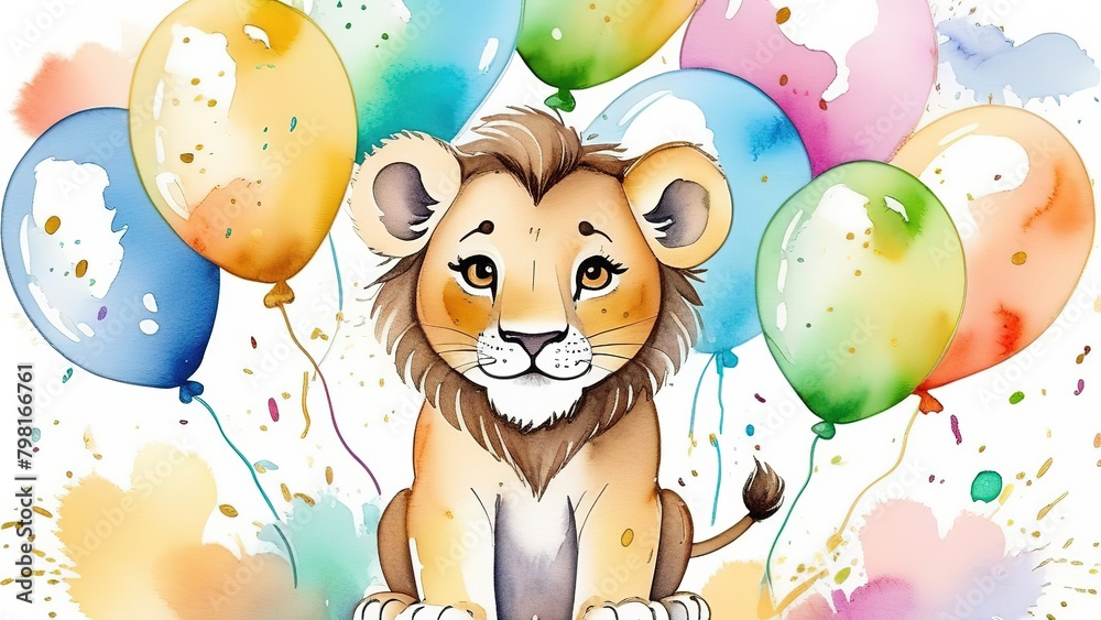 Fototapeta premium watercolor illustration of lion cub with balloons on white background,birthday greeting concept, wallpaper for children's room, for invitation, card, sticker and banner.