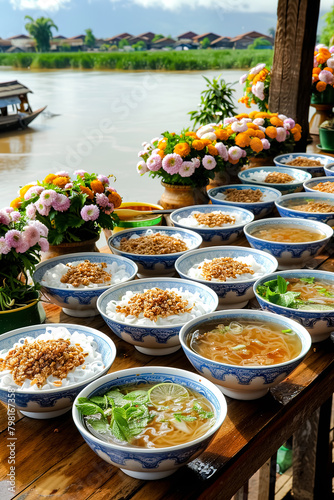 Mohinga is the national dish of Myanmar. This is a flavorful fish soup served with rice noodles and garnished with a variety of seasonings such as crispy fried onions, cilantro and lime. photo