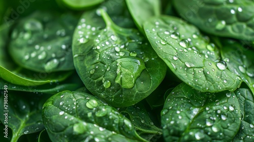 A bunch of green spinach leaves with water droplets on them