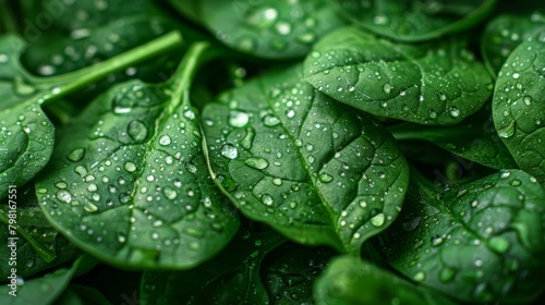A bunch of fresh green spinach leaves with water droplets on them