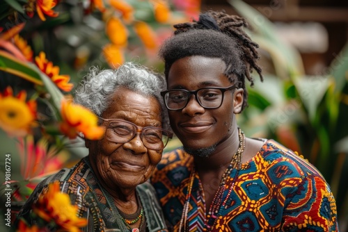 Grandmother and Grandson Sharing a Joyful Embrace, Cultural Bonds and Generational Love, Amidst Vivid Florals