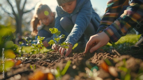 Three children are planting a tree in a garden photo