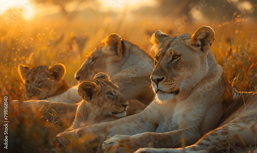 A family of lions lounges under a tree bathed in warm sunset light. Generate AI © VinaAmeliaGRPHIC