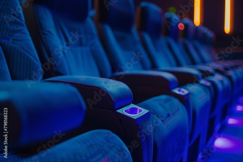 Modern Blue Cinema Seats with Neon Lighting, Luxury Movie Theater Ambience