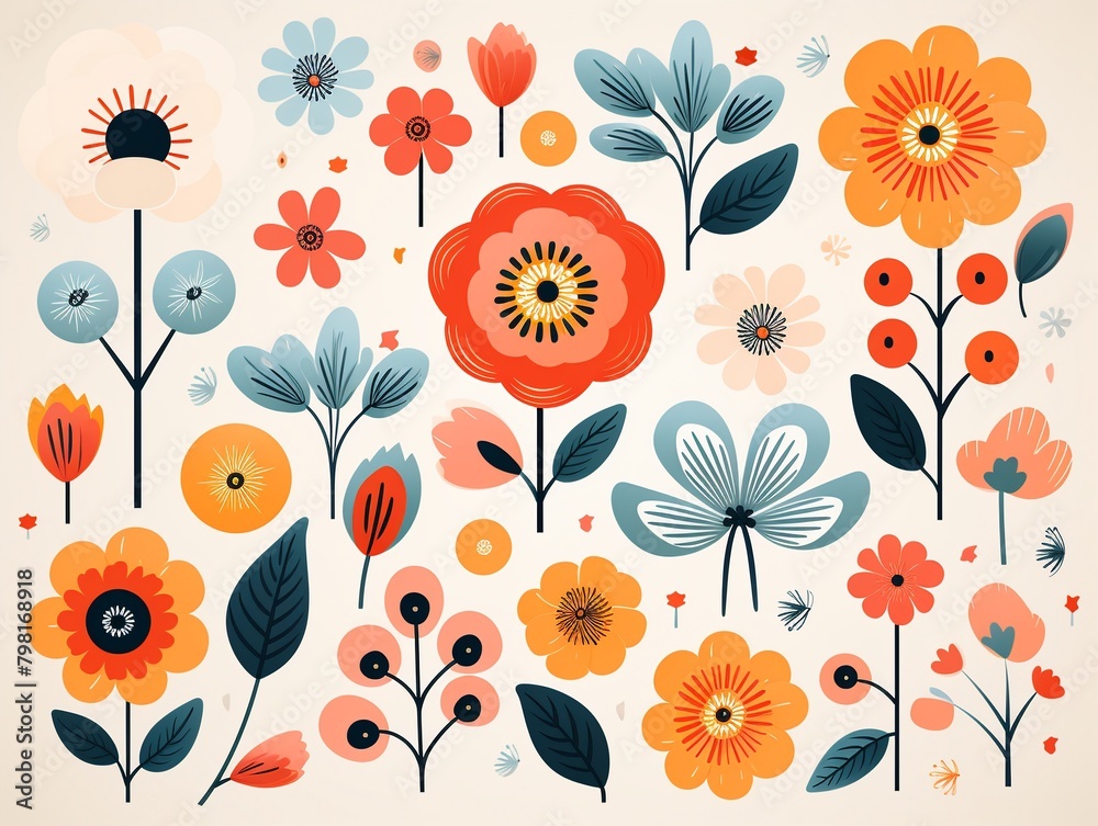 Retro blossoms, simple lines, flat design, childrens vector illustration, bright on white , illustration Retro blossoms, simple lines, flat design, childrens vector illustration, bright on white , illustration