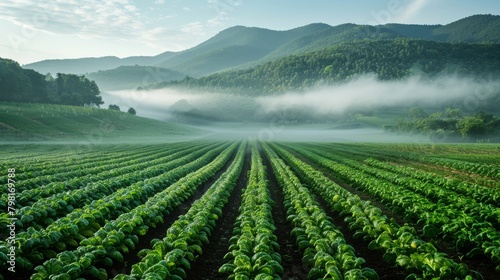 A field of green plants with a foggy mist in the background