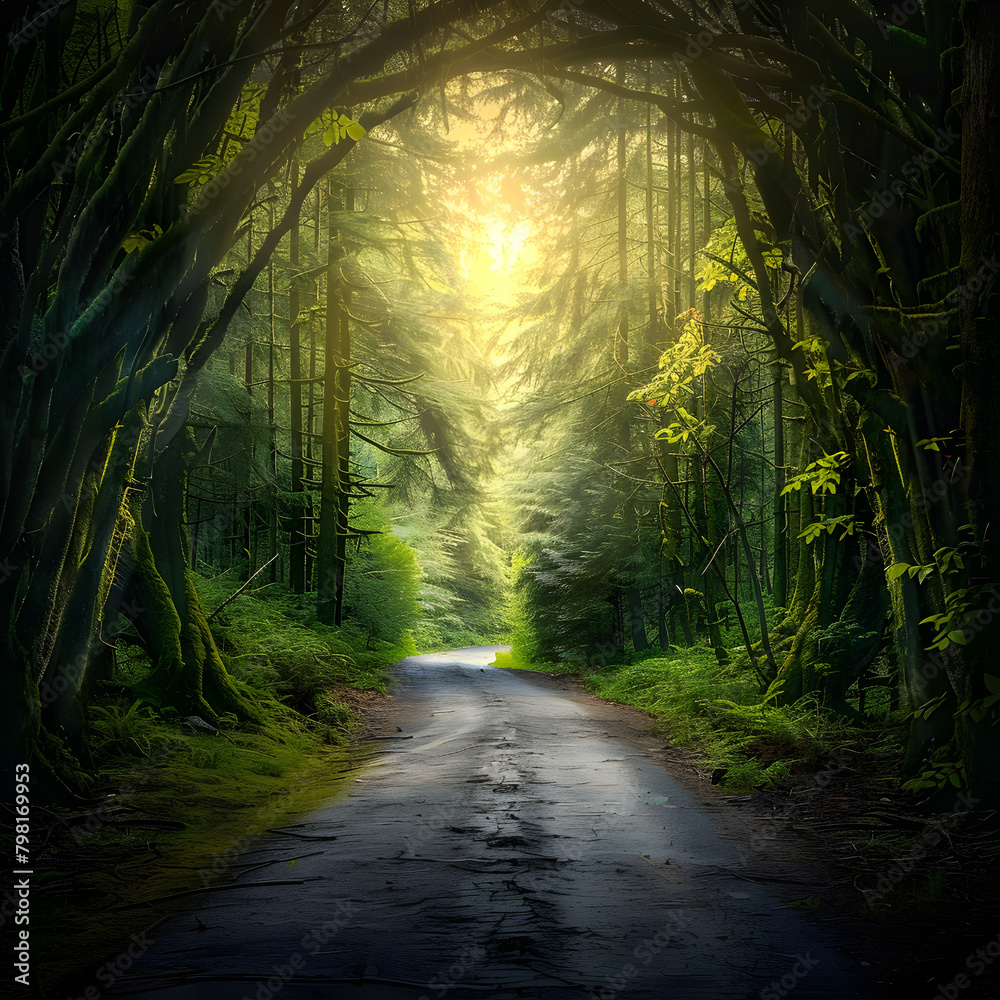 Naklejka premium Road in dark forest