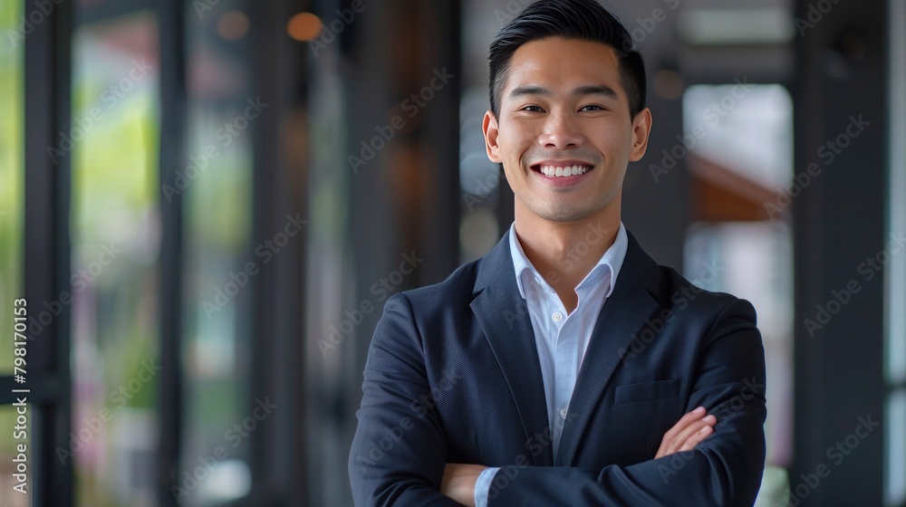 Smiling confident young professional Asian businessman in dark suit standing with crossed arms the background of blurred office Smiling confident young professional Asian businessman in dark suit standing with crossed arms the background of blurred office