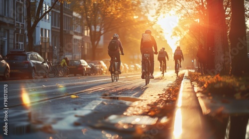 A group of people are riding bikes down a street © G.Go