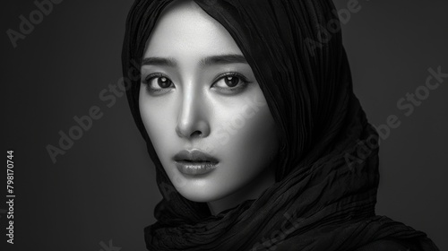 A beautiful muslim woman with hijab in black and white photo