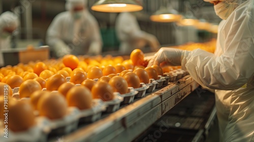 A worker is picking up an egg from a conveyor belt