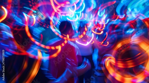 Defocused swirls of neon lights enveloping a crowded dance floor the pulsating beats of the music adding to the chaotic energy of the scene. .
