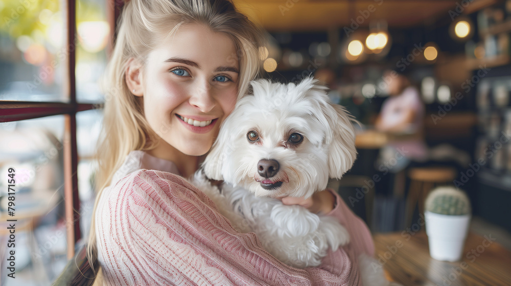 Portrait of beautiful young woman holding her dog in hands. Cute white dog in arms of loving owner. With dog in coffee shop Portrait of beautiful young woman holding her dog in hands. Cute white dog in arms of loving owner. With dog in coffee shop