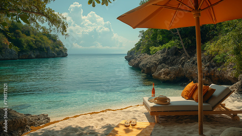 4. Coastal Retreat: A secluded cove offers the perfect escape, with flip flops strewn across the soft sand and a solitary beach umbrella providing shade. A bottle of sunscreen sits photo