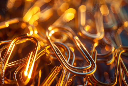 Detailed close-up of intertwined paper clips illuminated by soft natural light, conveying the concept of synergy and collaboration in achieving collective goals,