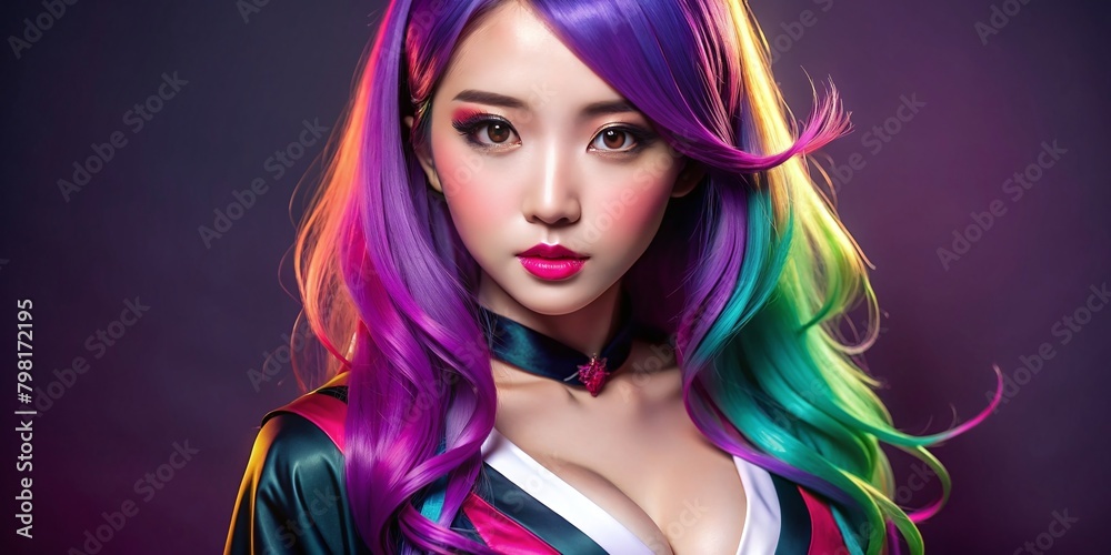 Naklejka premium Beautiful Asian Anime woman in cosplay costume, front of wall with space for text