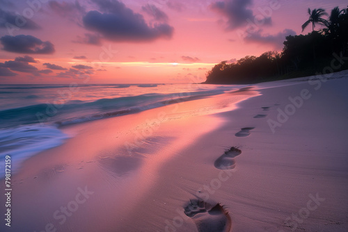 As the sunset paints the sky a soft pink, the footprint on the beach is revealed as the water recedes, photo