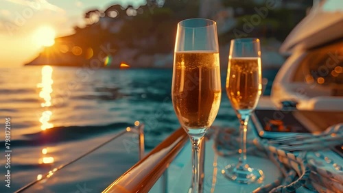 Affluent Individuals Enjoying Champagne on a Yacht in the Sun. Concept Luxury Lifestyle, Yachting, Champagne Toast, Sun-soaked Deck, Affluent Individuals photo