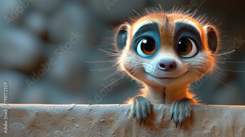 Cute meerkat cartoon 3d on the right side with blank space for text photo