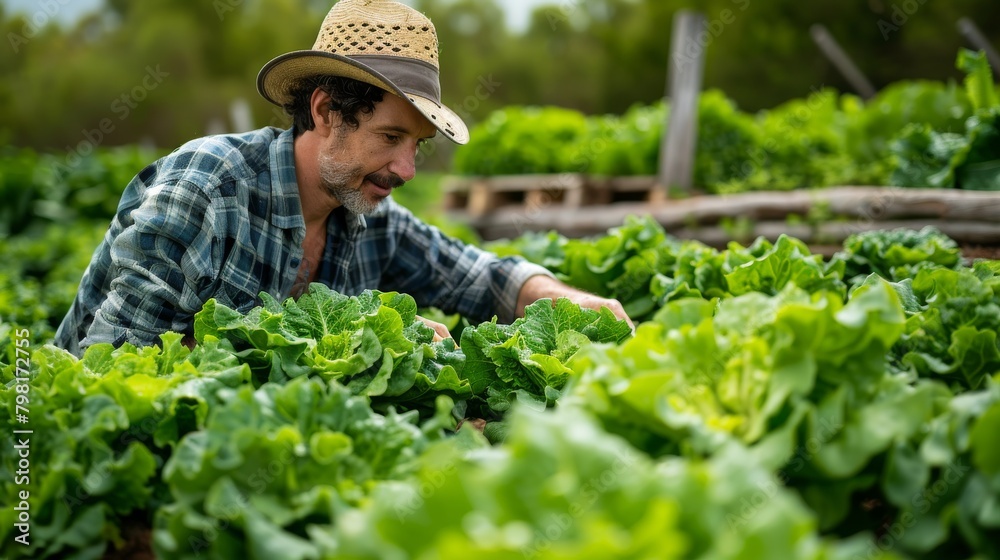 A man in a straw hat is tending to a garden of lettuce