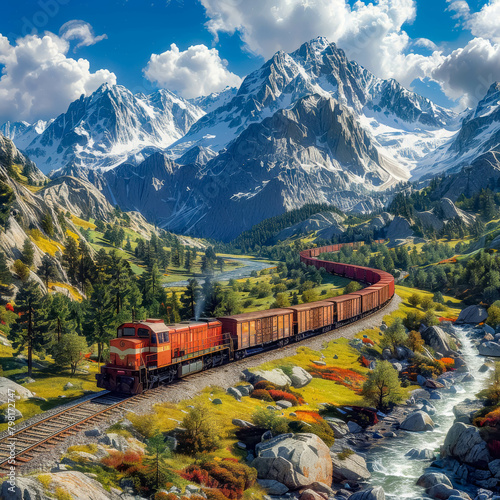 A train loaded with containers runs through a valley in the mountains. The background is snowy mountains. photo