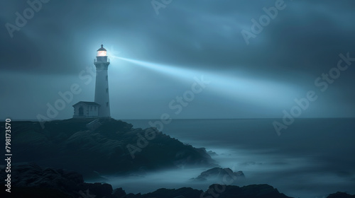 A lighthouse beaming light out into the darkness, guiding ships to safety and symbolizing leadership and vision