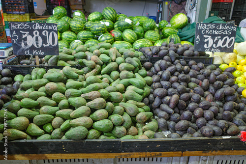 Santiago, Chile - 26 Nov, 2023:  Avocados on sale at the Mercado La Vega in central Santiago