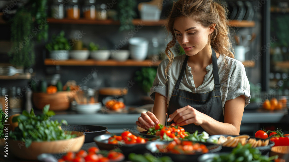 A beautiful woman in an apron is preparing a delicious salad in the kitchen.